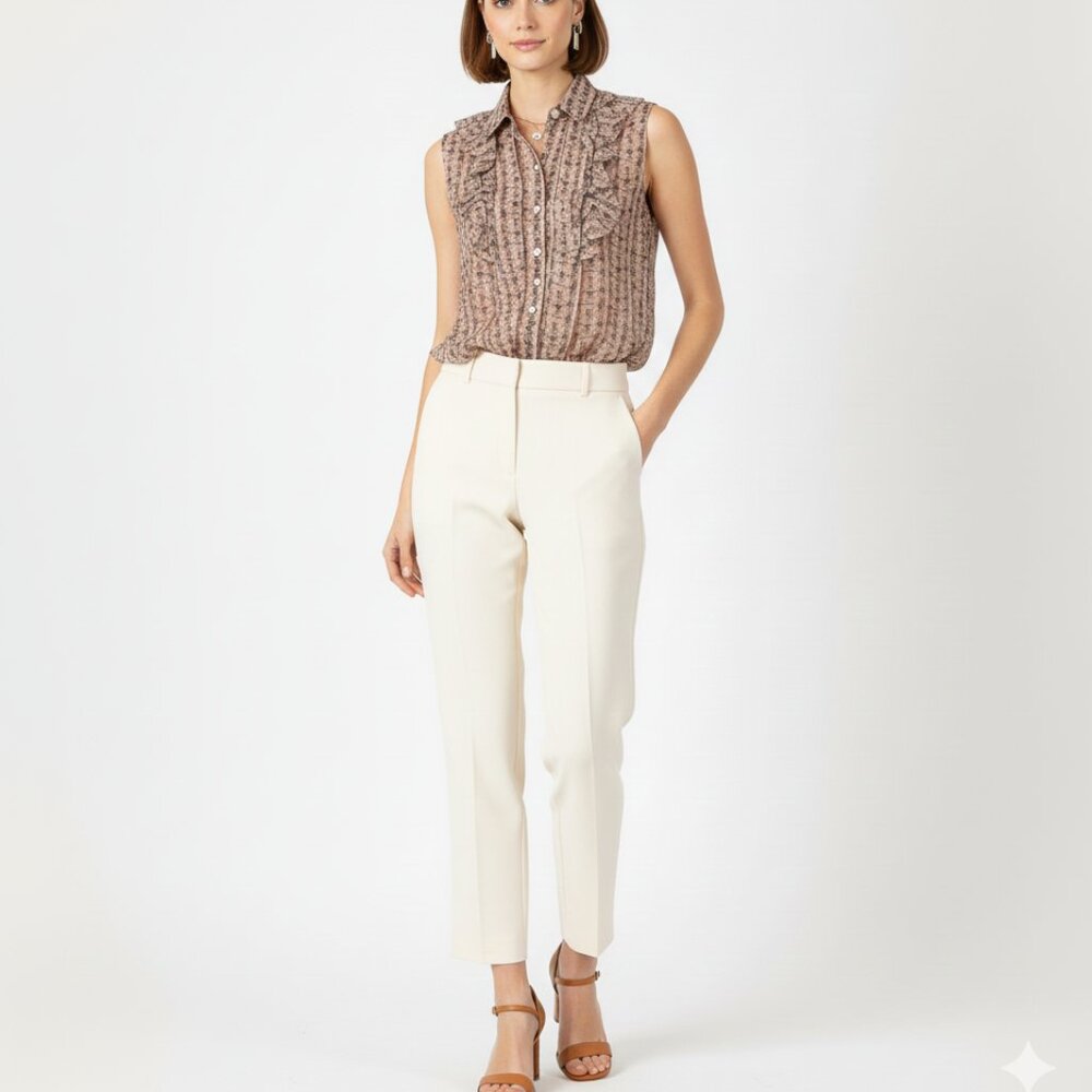 Oscar de la Renta 100% Silk Sleeveless Button-Down Shirt Pink/Olive Sz 8